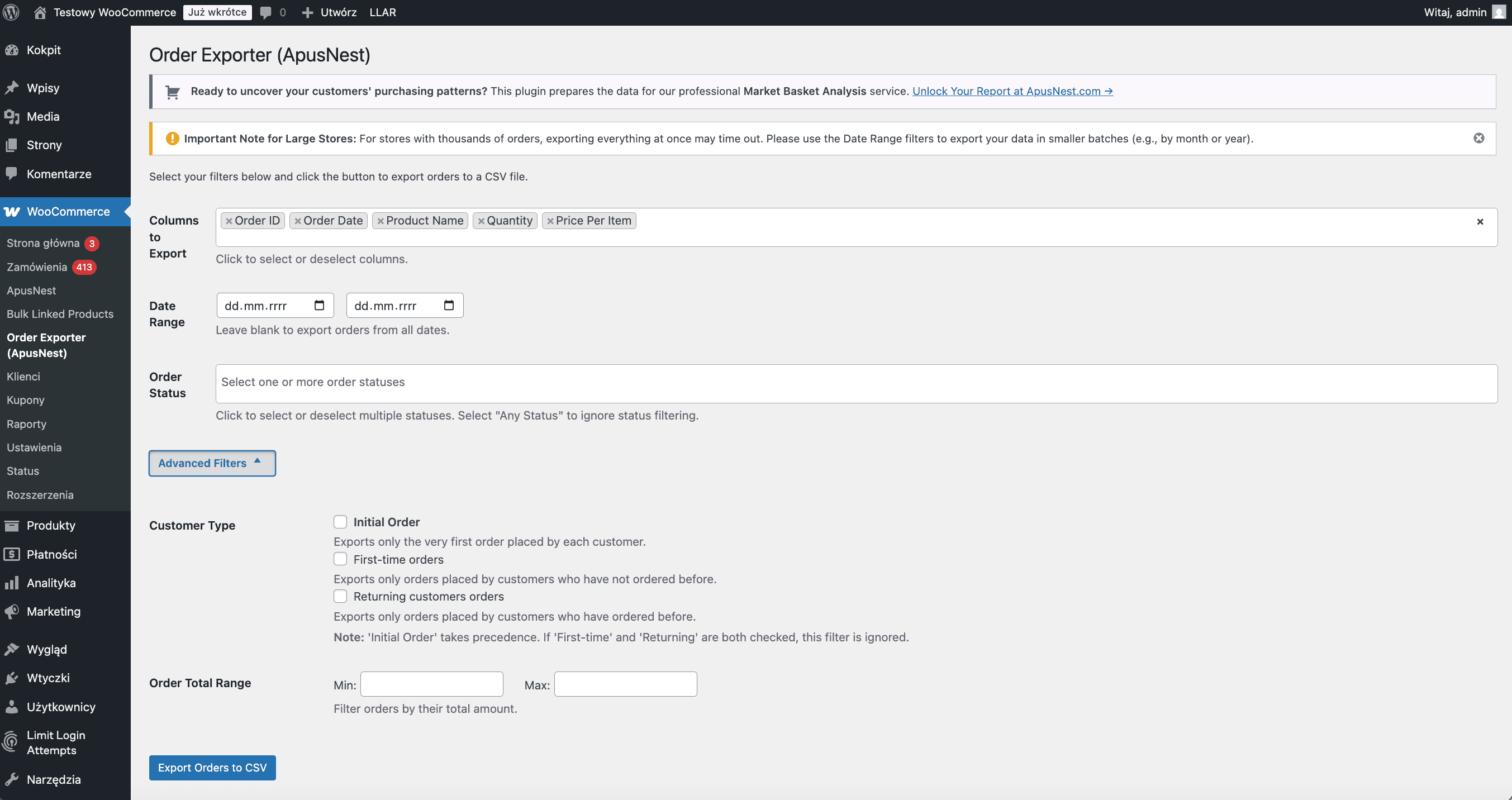 Screenshot of the Order Exporter by ApusNest plugin interface in WordPress, showing filtering options.