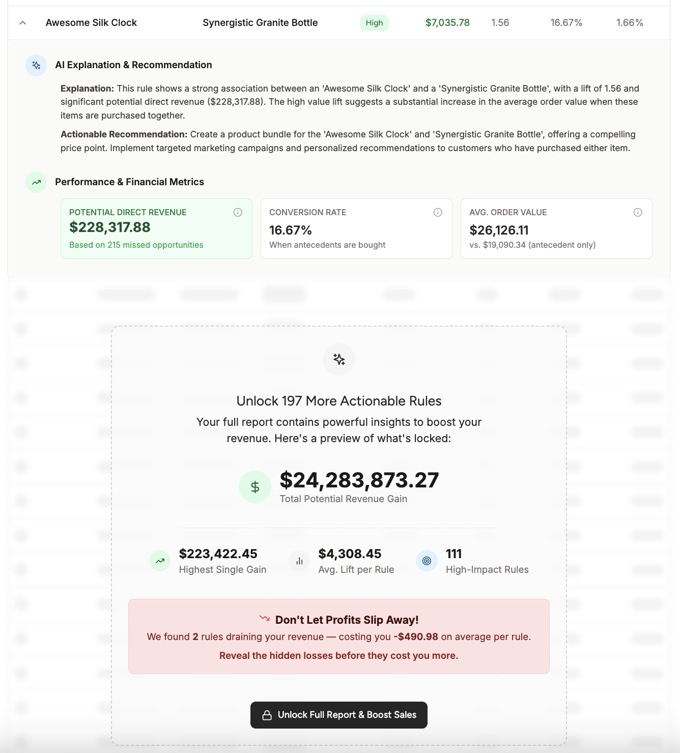 A screenshot of the ApusNest freemium report, showing a limited number of association rules and a clear call-to-action to unlock the full version for a one-time fee.