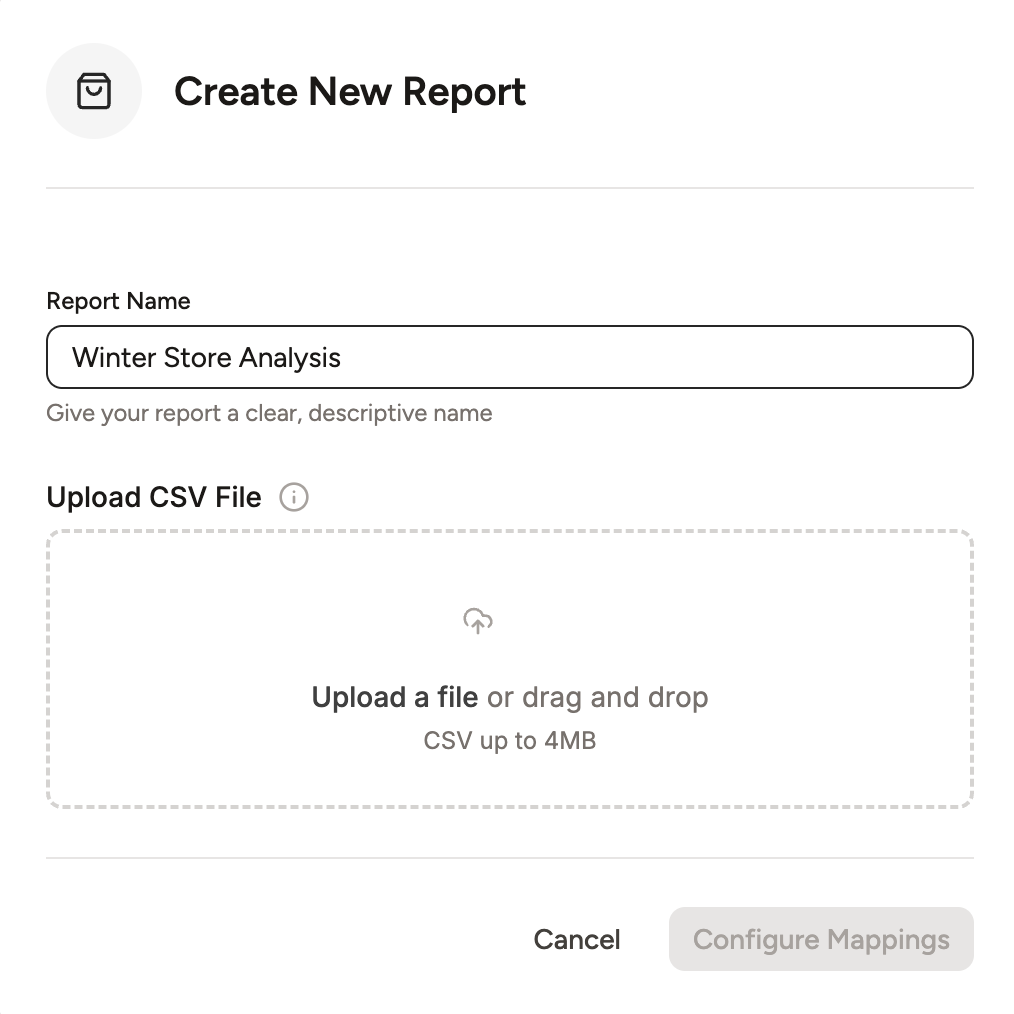 A screenshot showing the first step: naming the report and uploading the CSV file.