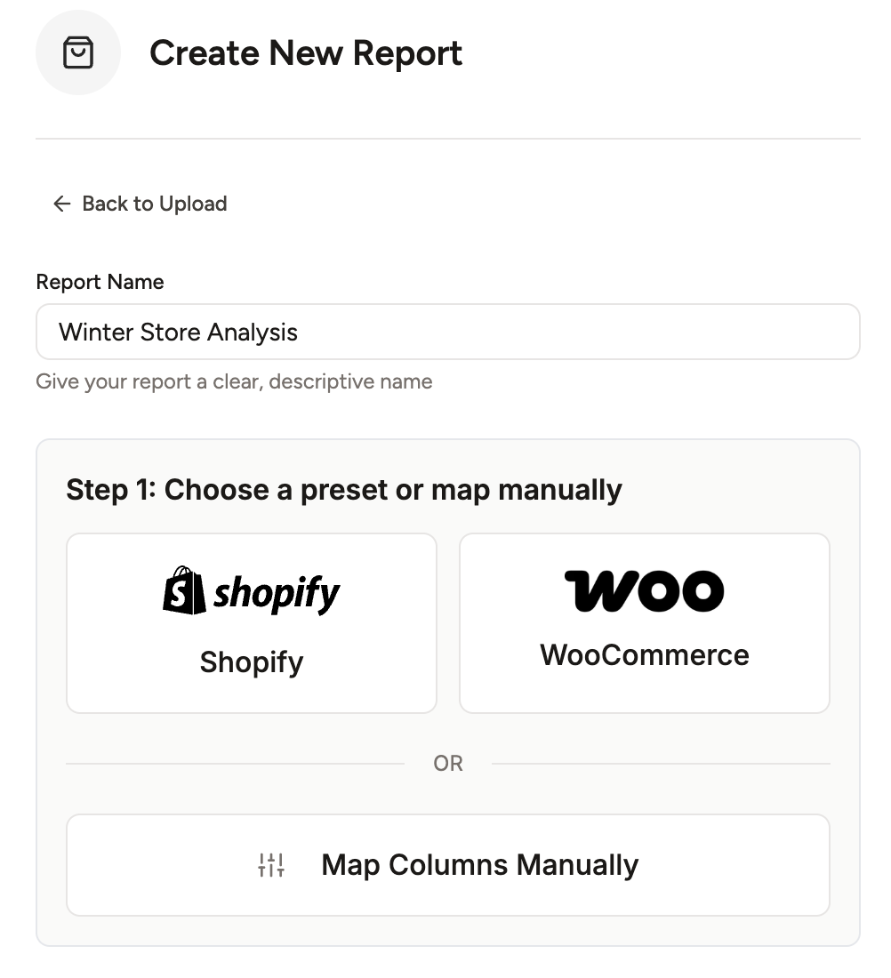 A screenshot of the data mapping interface, highlighting the choice between using a preset (Shopify/WooCommerce) or mapping columns manually.