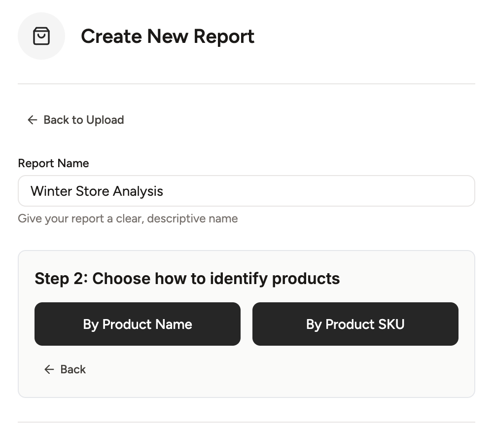 A screenshot showing the third step: choosing to analyze products by Name or by SKU.