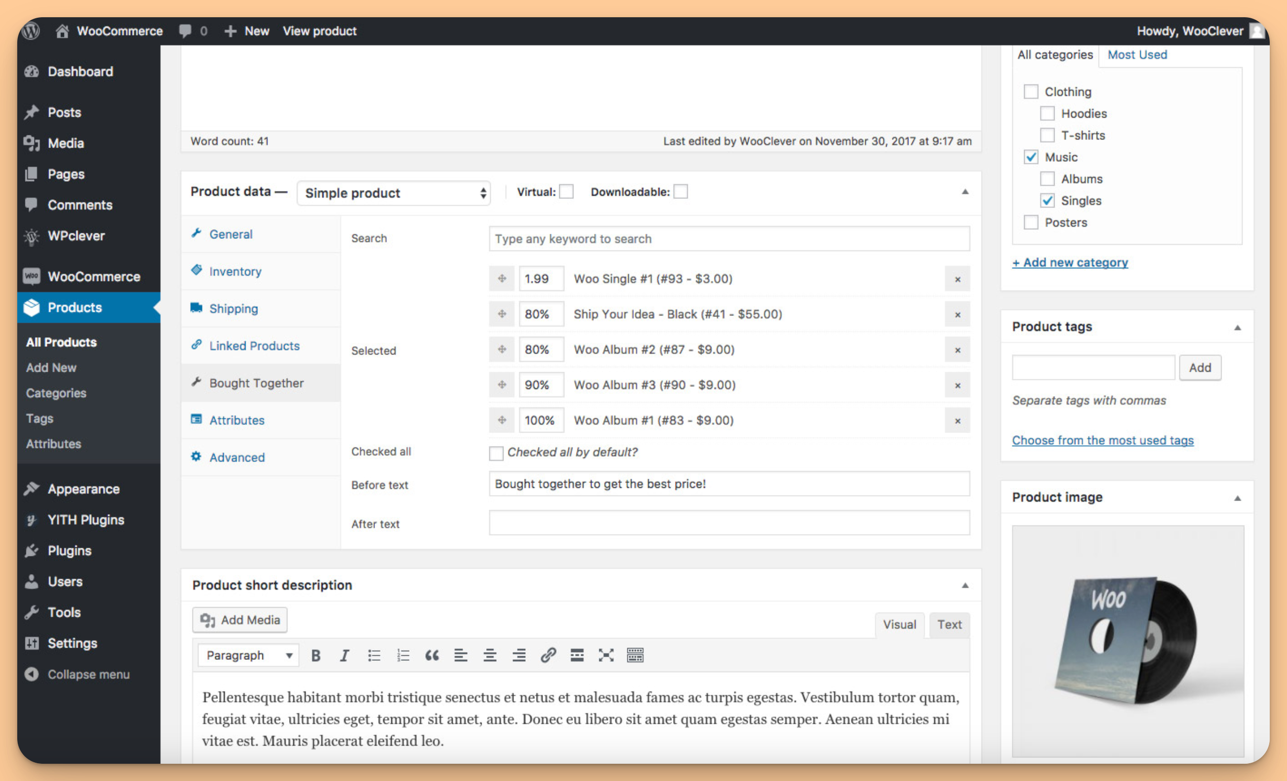A screenshot showing the backend product editor in WooCommerce. Highlight the area where a 'Frequently Bought Together' plugin allows the user to search for and add recommended products.